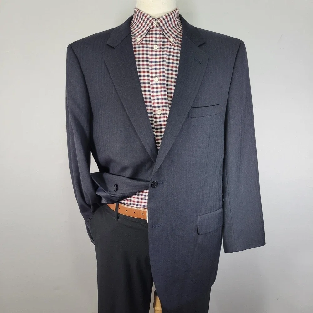 JOS A BANK Men's Sport‎ Coat Blazer Two Button Navy Herringbone Wool Size 46R